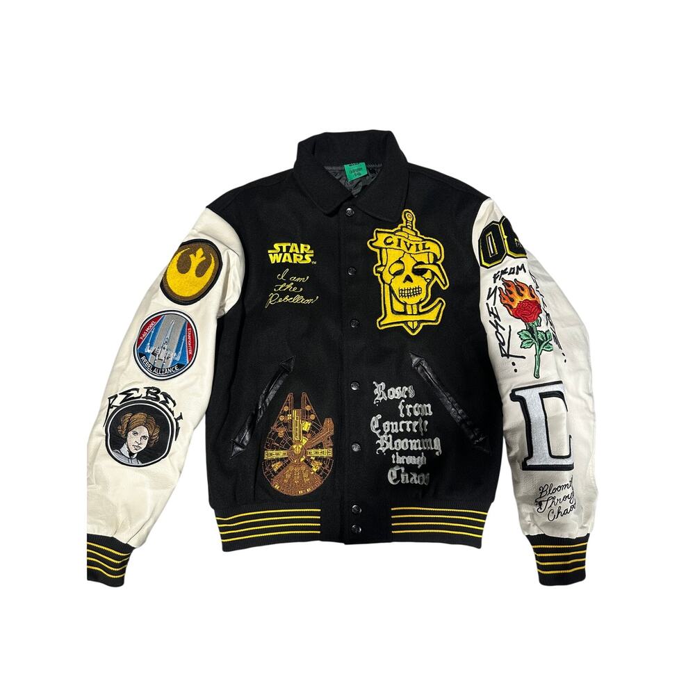 Civil Regime Varsity Jacket Black Cream Patchwork Letterman NWT LARGE